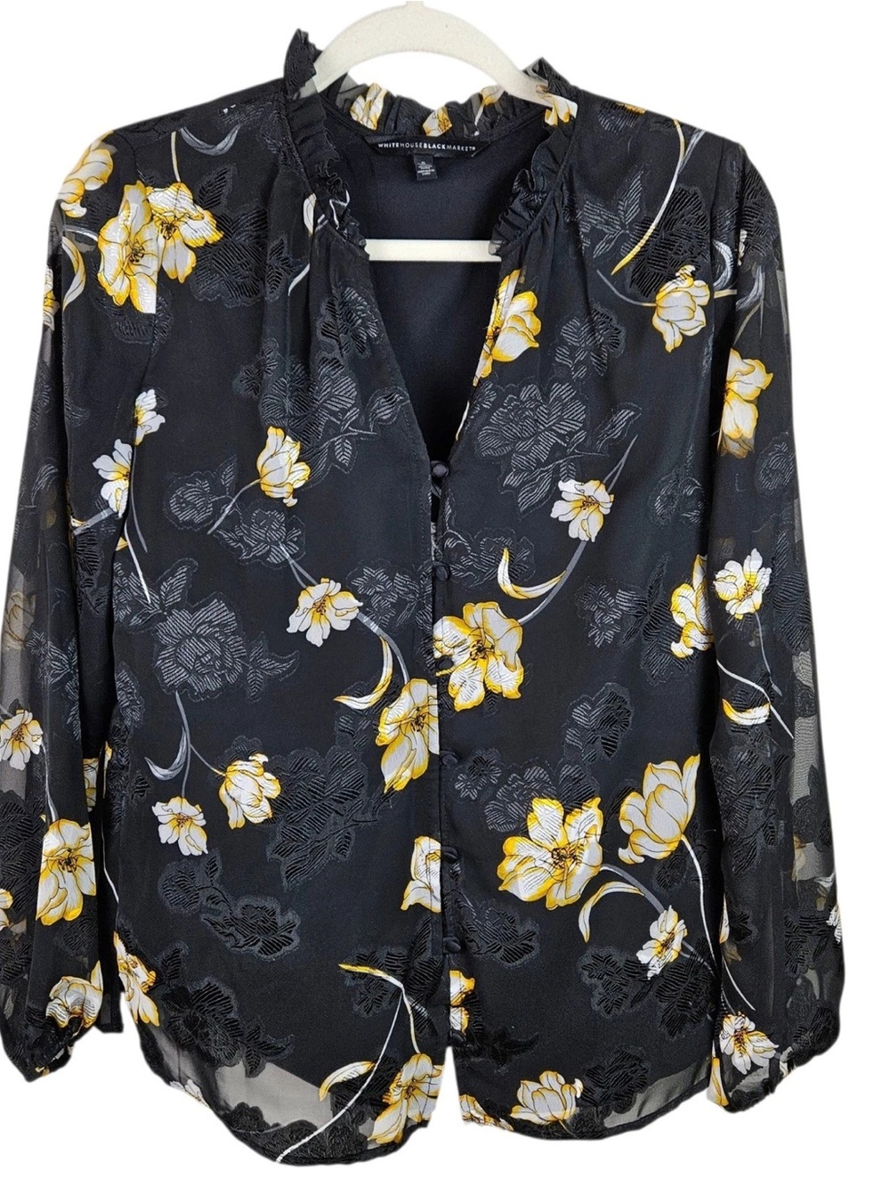 White House Black Market Black Sheer Floral Blouse with Yellow Flowers